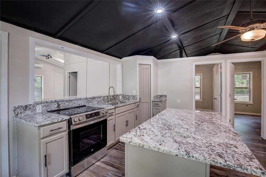 Kitchen with ceiling fan, sink, stainless steel electric stove, and dark hardwood / wood-style flooring