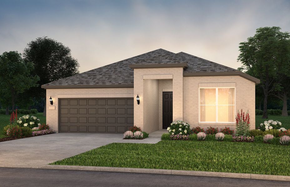 The Palmary, a one-story home with 2-car garage, shown with Home Exterior TR201