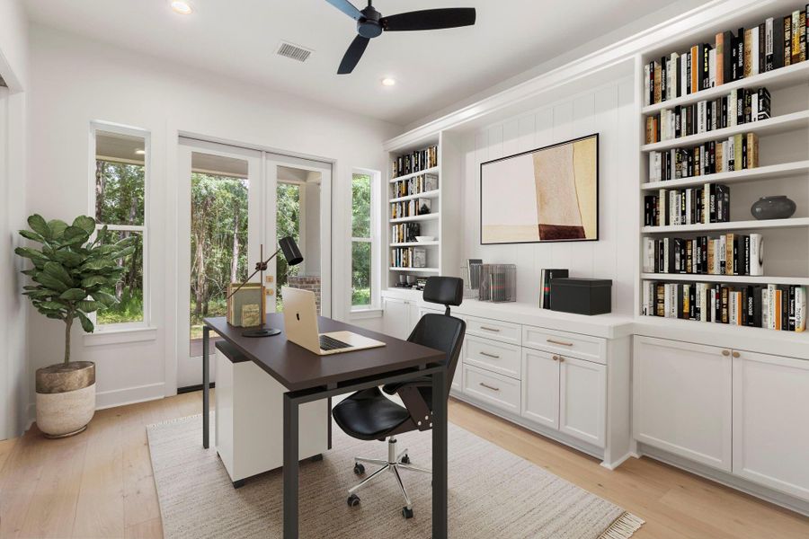 Private, quiet study with its own covered porch and wooded backyard views. Private, quiet study with its own covered porch and wooded backyard views.