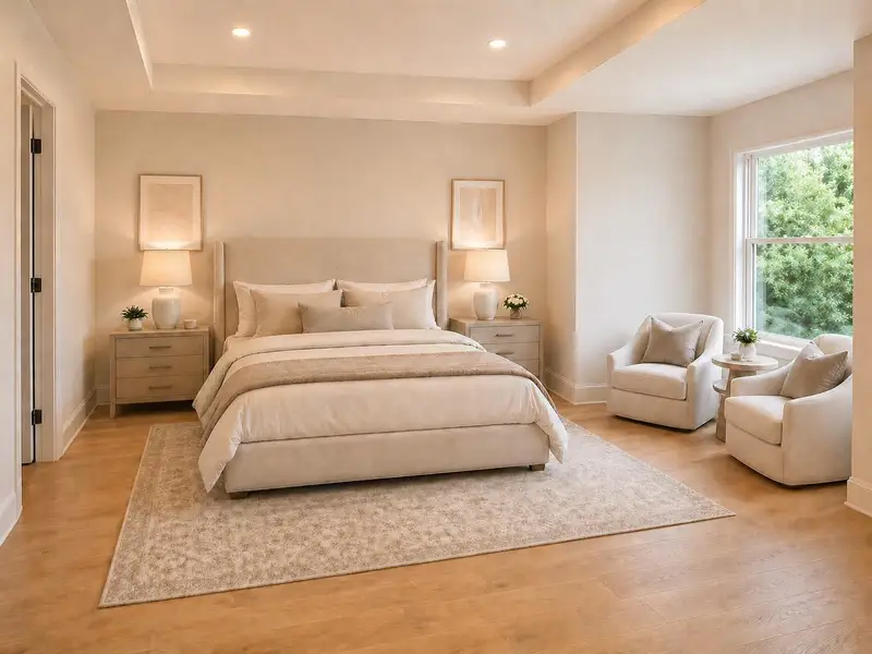 Conceptual rendering showing a spacious primary suite with a tray ceiling, abundant natural light, and room for a sitting area. Conceptual rendering showing a spacious primary suite with a tray ceiling, abundant natural light, and room for a sitting area.