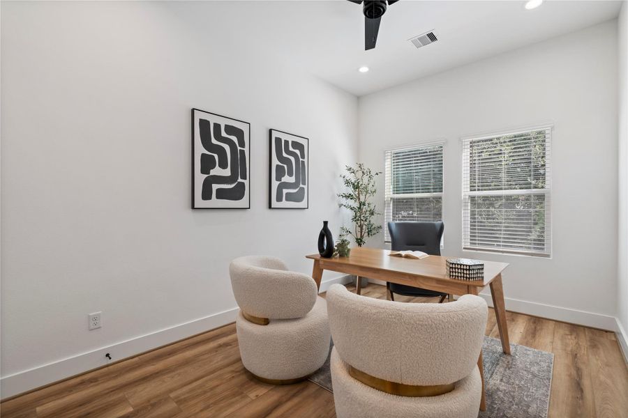 An ample secondary bedroom with its own bath offers flexible living — perfect as a comfortable guest suite or a spacious home office tailored to your needs. An ample secondary bedroom with its own bath offers flexible living — perfect as a comfortable guest suite or a spacious home office tailored to your needs.