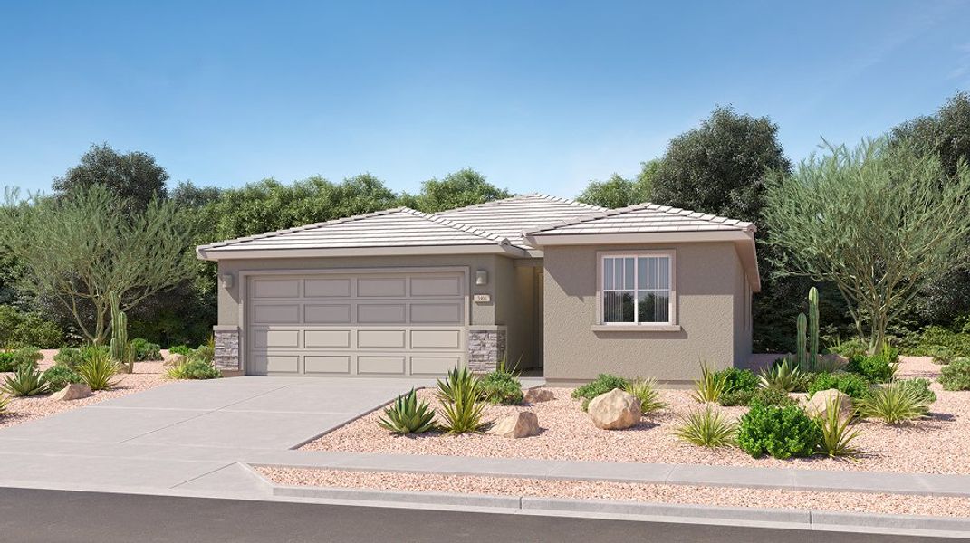 Front exterior of a new home in Monarch, Marana, AZ, highlighting curb appeal (Image 1). Front exterior of a new home in Monarch, Marana, AZ, highlighting curb appeal (Image 1).