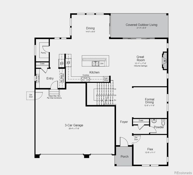 Structural options added include: covered outdoor living with sliding glass door, modern fireplace, tub in primary bath, unfinished basement.