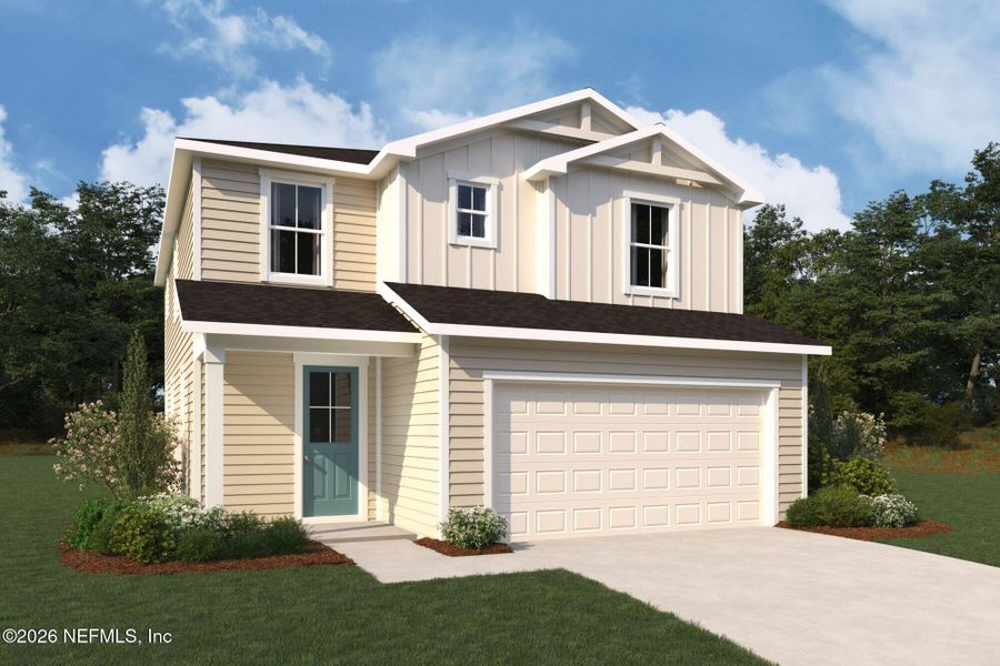 Front exterior of a new home in RiverTown, St. Johns, FL, highlighting curb appeal (Image 1). Front exterior of a new home in RiverTown, St. Johns, FL, highlighting curb appeal (Image 1).
