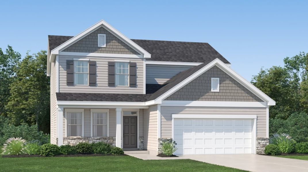 Front exterior of a new home in Mill Stone Creek, Sims, NC, highlighting curb appeal (Image 1). Front exterior of a new home in Mill Stone Creek, Sims, NC, highlighting curb appeal (Image 1).
