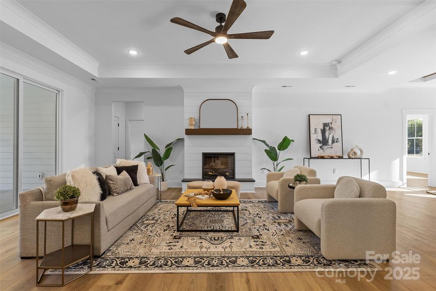 *representative photo- family room w/ tray ceiling, shiplap fireplace & cedar mantle!