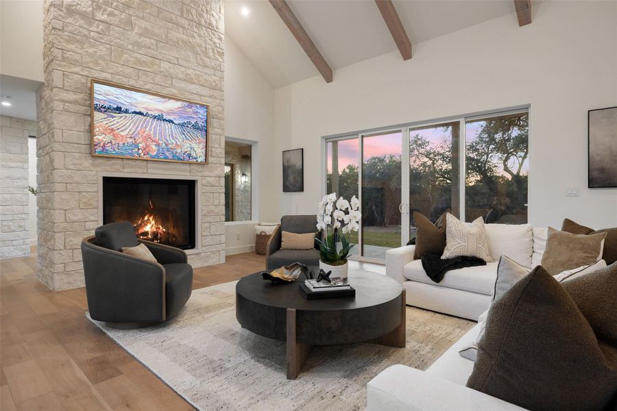 Beamed Ceilings, Over-Sized Fireplace and Limestone Walls.