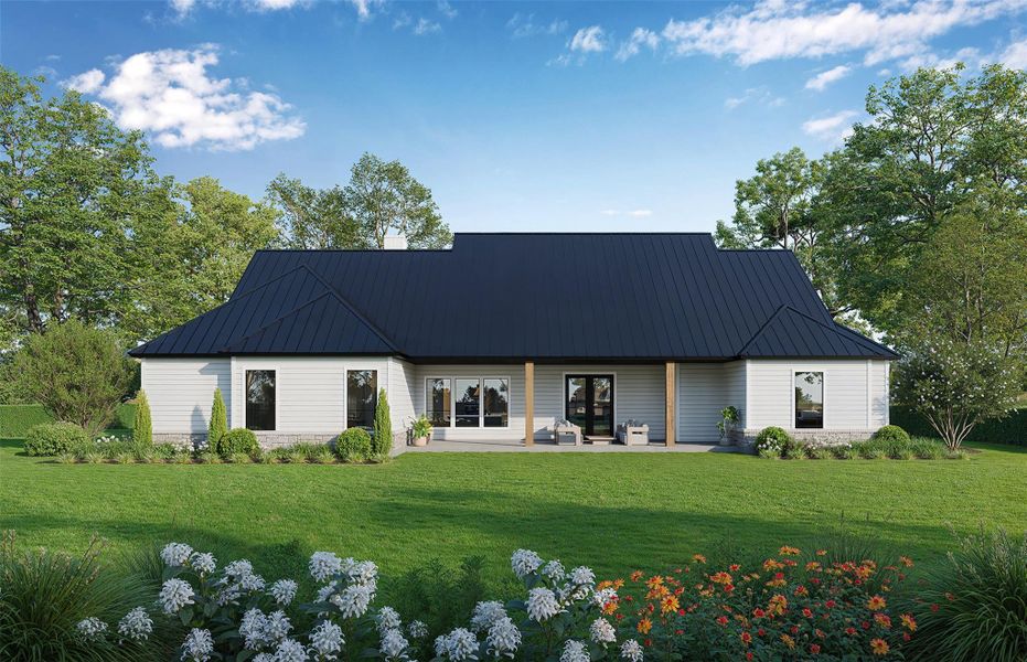 A well-maintained lawn and verdant landscaping frame the rear of this inviting home. A well-maintained lawn and verdant landscaping frame the rear of this inviting home.