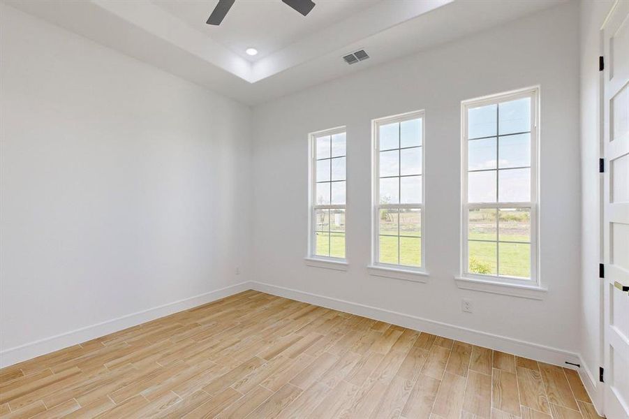 Spare room featuring plenty of natural light, light wood-type flooring, and ceiling fan