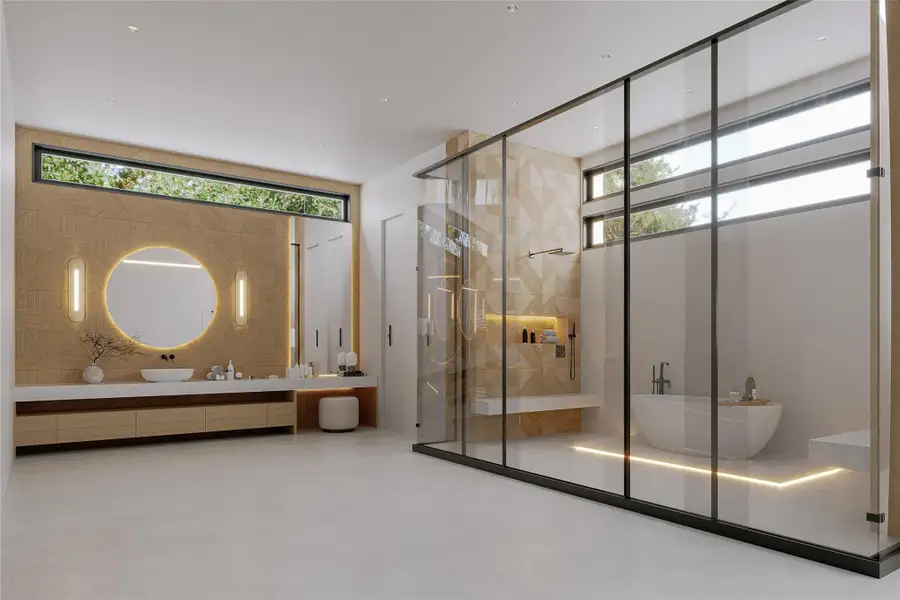 Luxurious Primary Bath includes dual toilets, a makeup area, and connections for a washer and dryer(rendering)