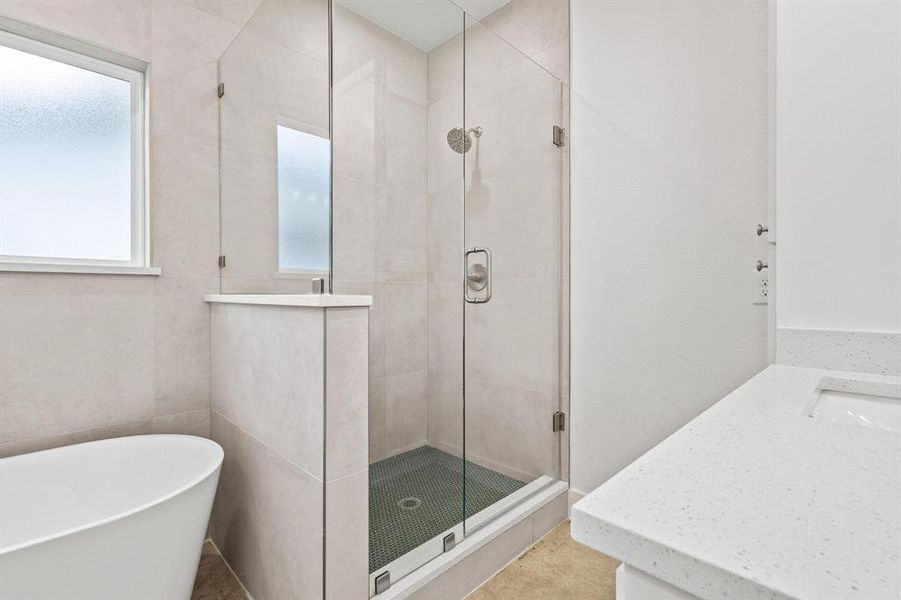 Bathroom with vanity, a freestanding bath, a stall shower, and healthy amount of natural light