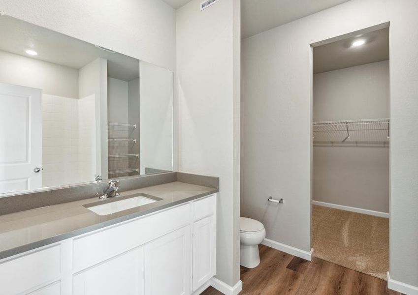 The master bathroom has a spacious vanity!