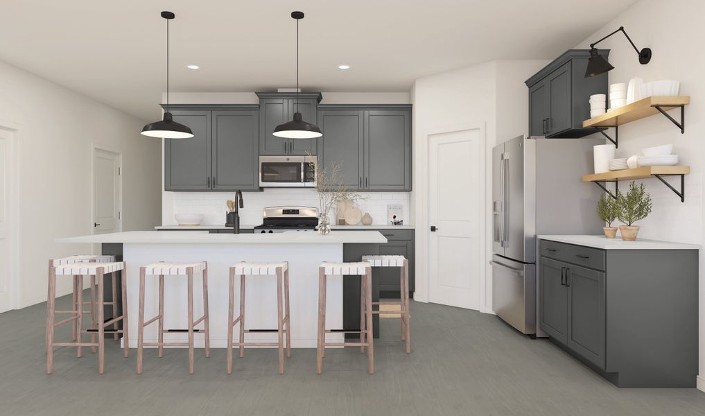 Kitchen with pendant lighting and floating shelves