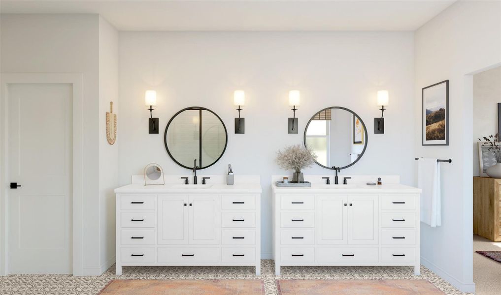 Relaxing primary bath with dual vanities (*Artist rendering used for illustration purposes only.) Relaxing primary bath with dual vanities (*Artist rendering used for illustration purposes only.)