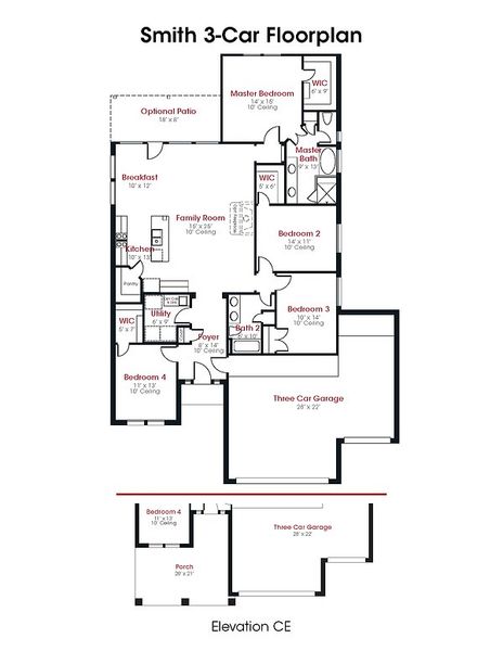 2D floor plan layout for the Smith by Kendall Homes in River Ranch, Dayton, TX (Image 3).