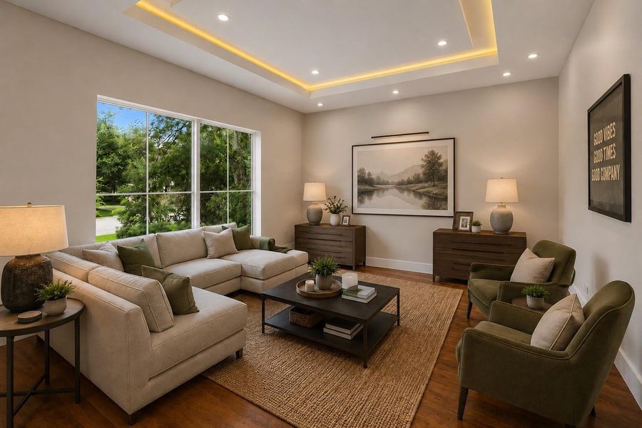 This sophisticated lounge is designed for both comfort and conversation, that offers the perfect setting to relax, entertain, or simply enjoy the abundance of natural light. Virtually staged to illustrate furnishing possibilities