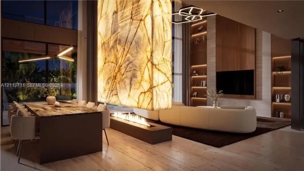 Double-height ceiling, floor-to-ceiling backlit stone feature wall, linear gas fireplace, custom built-in wood shelving, and wood-finish tile flooring