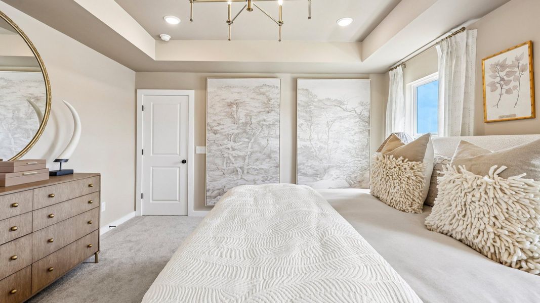 Primary suite with tray ceiling, windows, and carpet Primary suite with tray ceiling, windows, and carpet