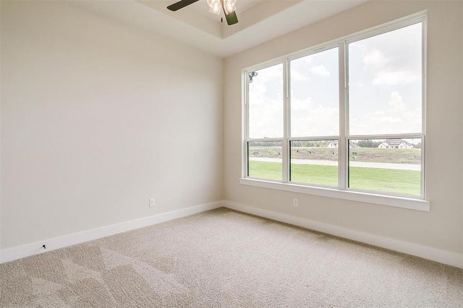 Unfurnished room featuring carpet floors and ceiling fan