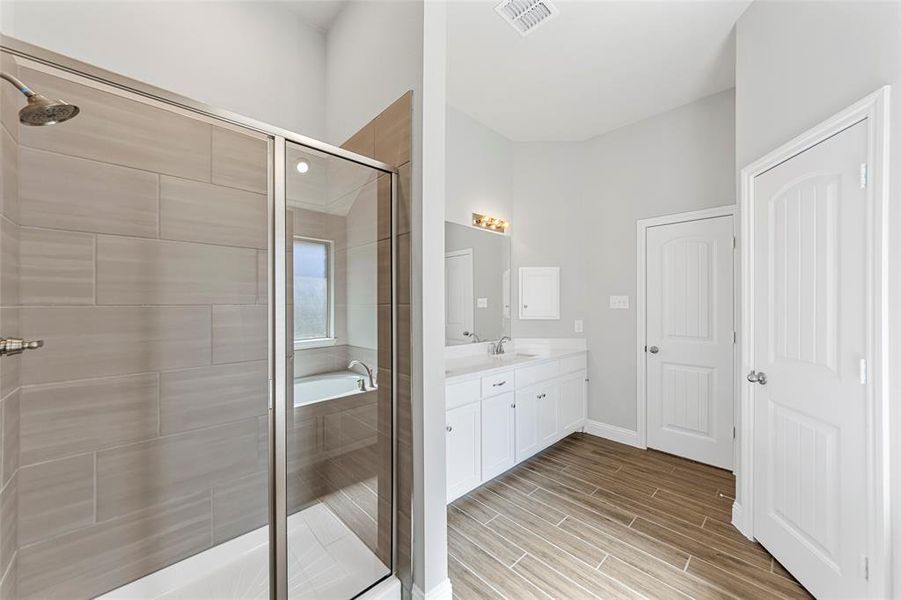 Bathroom featuring separate shower and tub and vanity