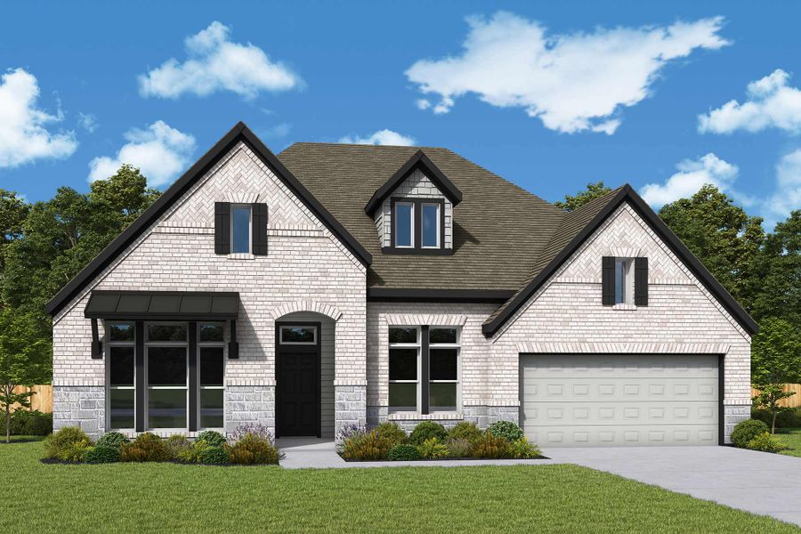 Representative exterior photo of a completed home built from the The Ortega by David Weekley Homes in Sundance Cove Lakeside - Overlook View Collection, Crosby, TX (Image 17).