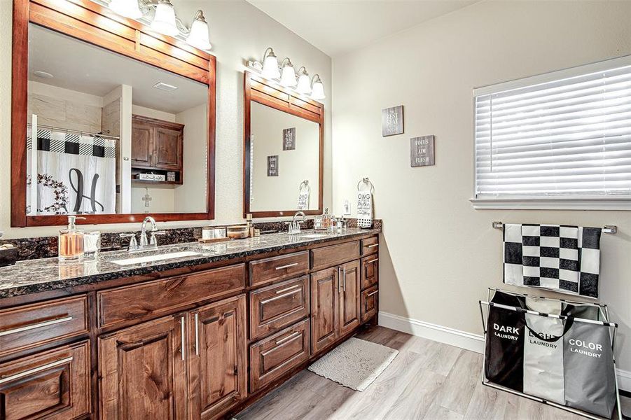 Bathroom with hardwood / wood-style floors, vanity, and a shower with shower curtain