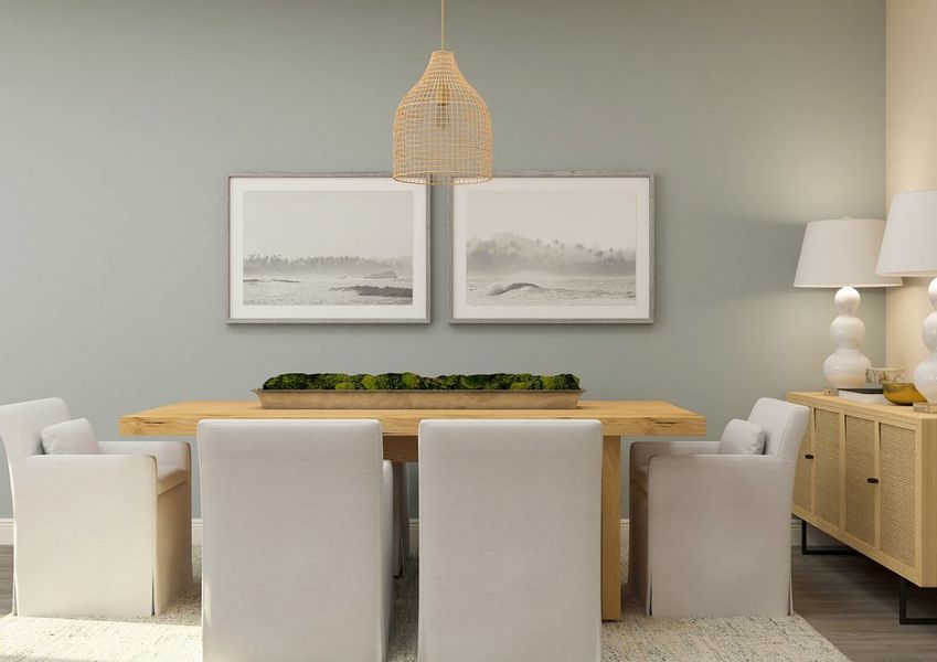 Rendering of a dining room with a buffet and table. Rendering of a dining room with a buffet and table.