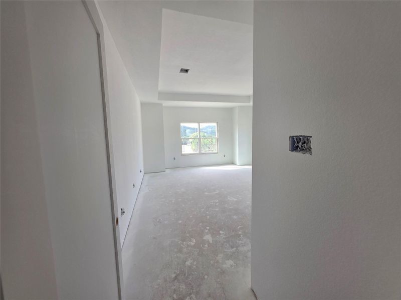 Spacious room featuring a tray ceiling, multiple windows, and a neutral color palette