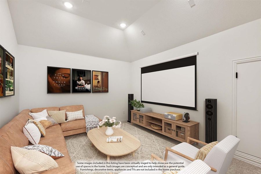 Media room with large projection screen, sectional sofa, wood console, and movie posters on white walls