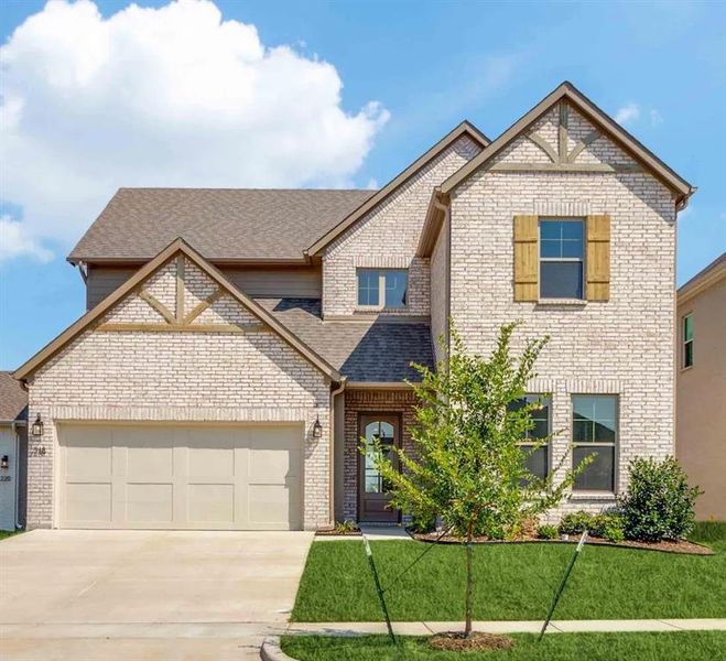 View of front of house with a shingled roof, a garage, a front yard, driveway, and brick siding View of front of house with a shingled roof, a garage, a front yard, driveway, and brick siding