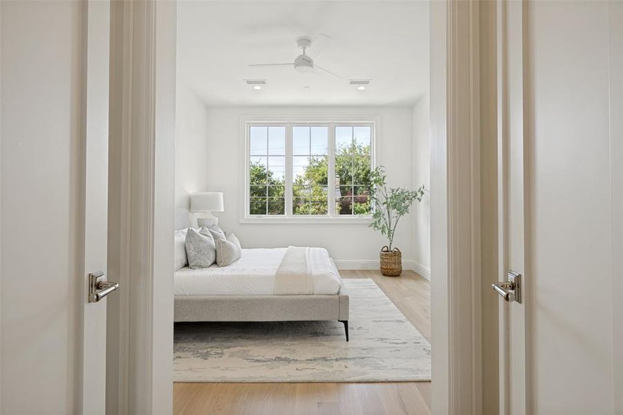 Primary suite featuring private double French door entry, located on the second floor. Primary suite featuring private double French door entry, located on the second floor.