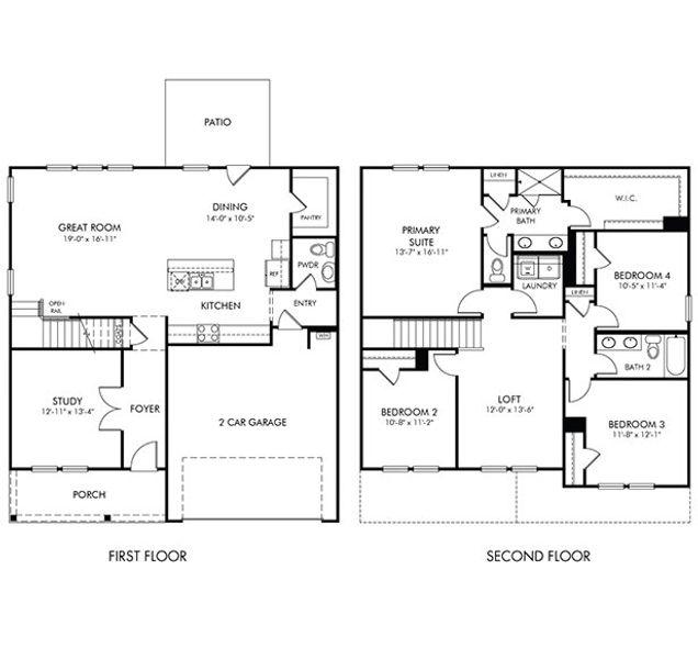 2D floor plan layout for the Brentwood by Meritage Homes in Harmony Manor, Fairburn, GA (Image 3).
