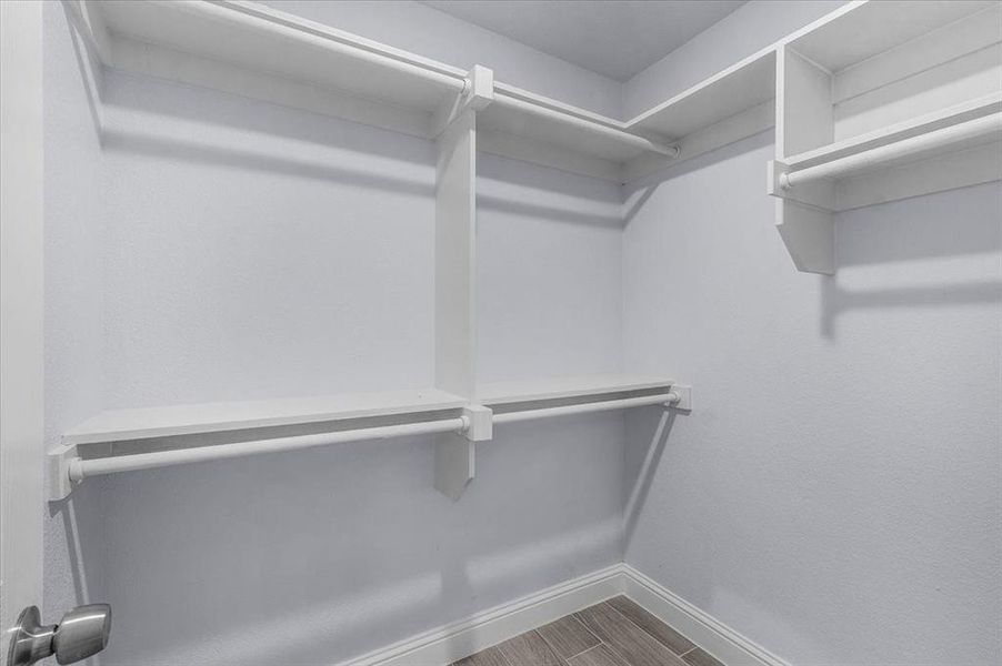 Spacious closet featuring dark wood-type flooring