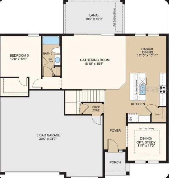 Structural options added include: Gourmet kitchen, study in place of formal dining, shower at main level bathroom, pocket sliding glass door at gathering room, and covered extended lanai.