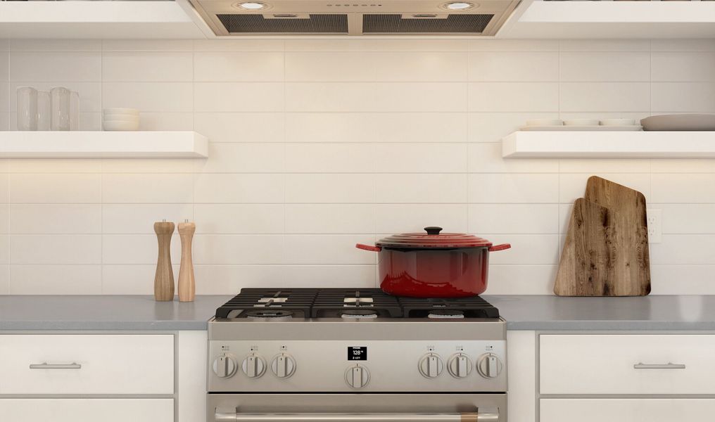 Soapstone Mist quartz countertops & floating shelves