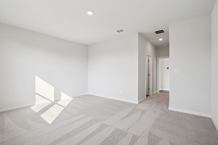 A room with a bed and a rug.