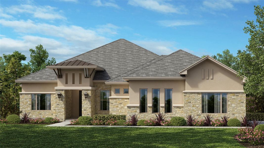 Front exterior of a new home in Leander Estates, Leander, TX, highlighting curb appeal (Image 1).