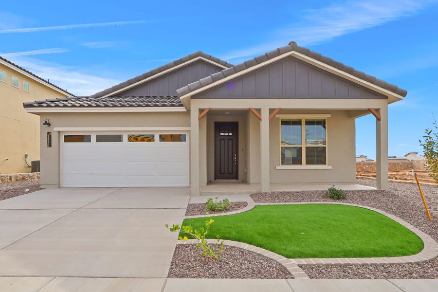 Front exterior of a new home in Emerald Estates, Horizon City, TX, highlighting curb appeal (Image 18).