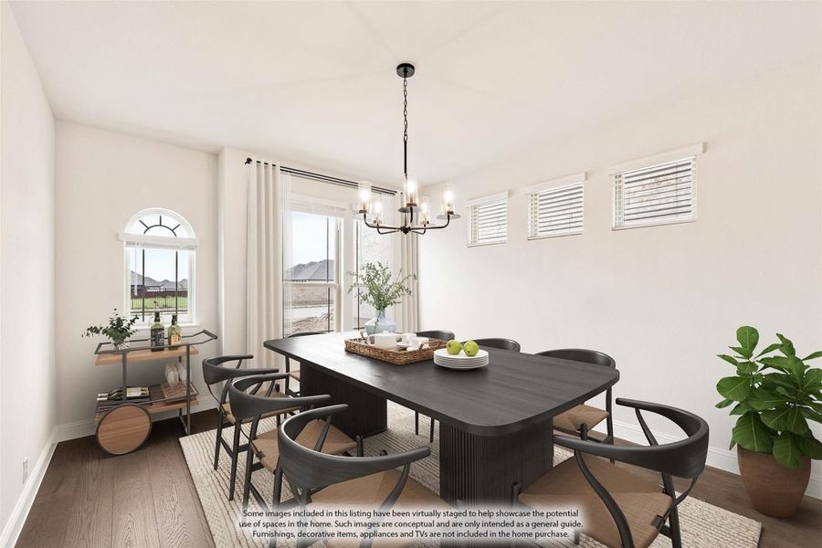 Dining room with dark wood table, six chairs, chandelier, and hardwood floors