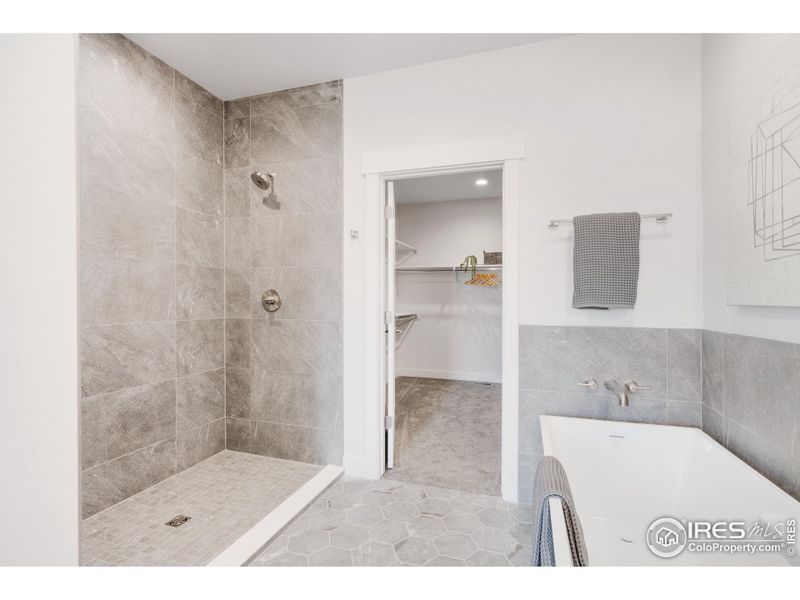 Floor-to-ceiling tile in the large shower, plus a real cast iron free standing soaker tub