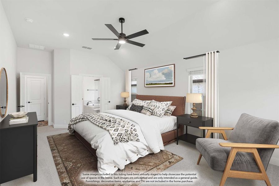 Master bedroom with vaulted ceiling, ceiling fan, and ensuite bathroom access