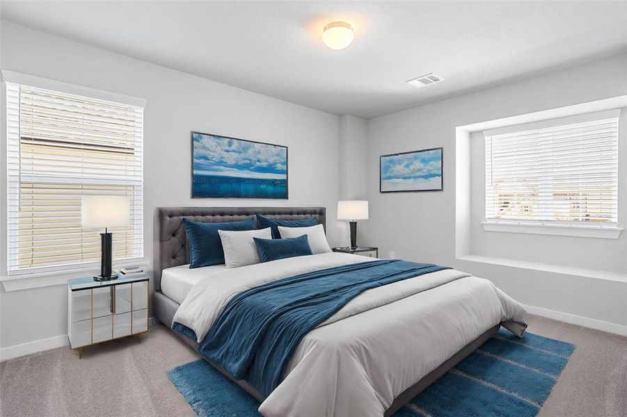 Secondary bedroom features plush carpet, custom paint, high ceilings, and a large window with privacy blinds.