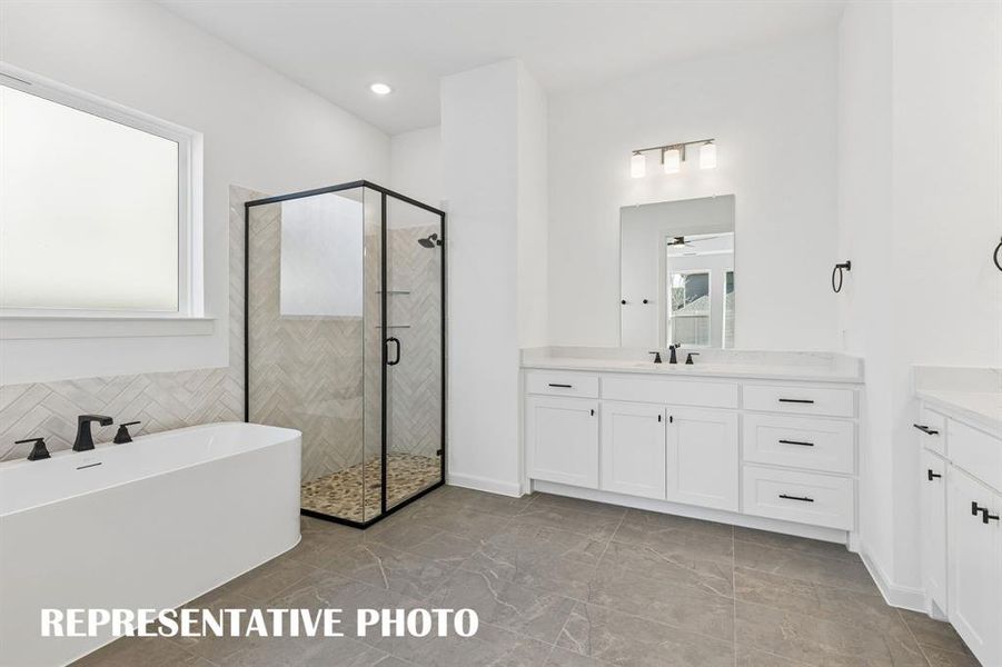 Whether it's soaking your cares away or taking a long, luxurious shower, you will never want to leave this wonderful owner's bath.  REPRESENTATIVE PHOTO