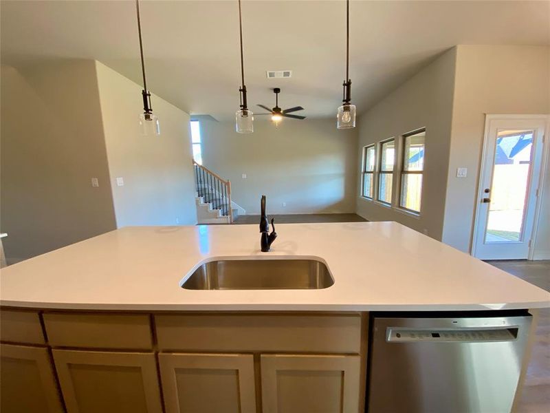 Single basin stainless sink & pendant lights Single basin stainless sink & pendant lights