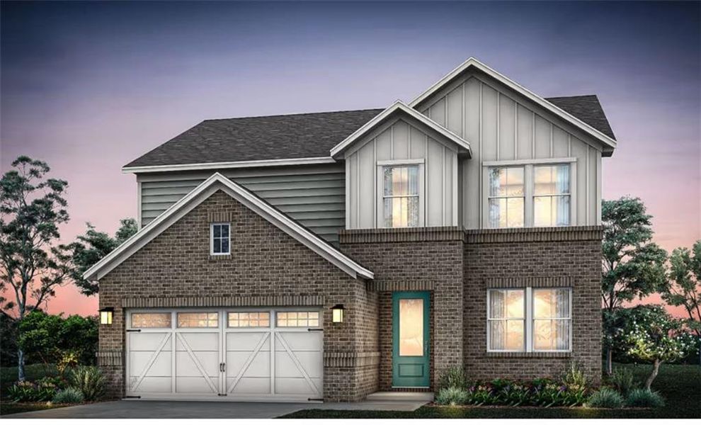 Front exterior of a new home in Linden Grove, Powder Springs, GA, highlighting curb appeal (Image 1). Front exterior of a new home in Linden Grove, Powder Springs, GA, highlighting curb appeal (Image 1).