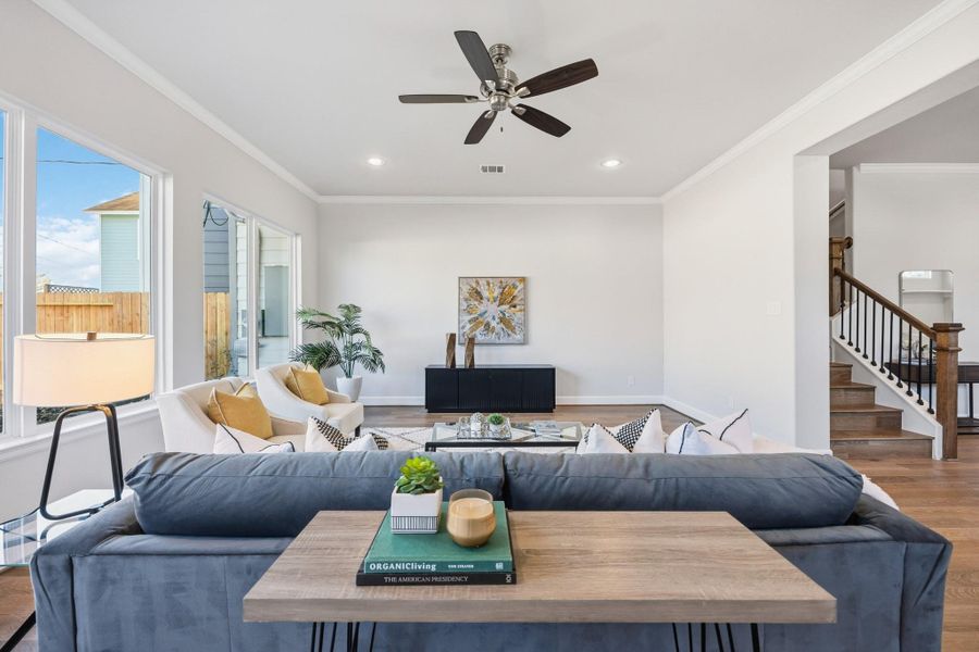 Natural Beauty: Enjoy the tranquility of your backyard views, enhanced by the optimal comfort of a thoughtfully included standard ceiling fan.