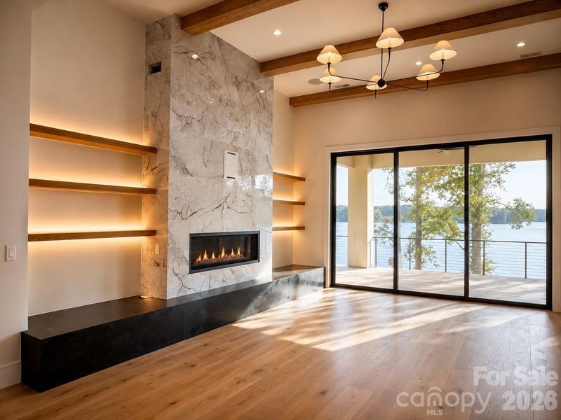 Great room highlighted by custom lighting, linear gas fireplace and immediate Lake Norman views! Great room highlighted by custom lighting, linear gas fireplace and immediate Lake Norman views!