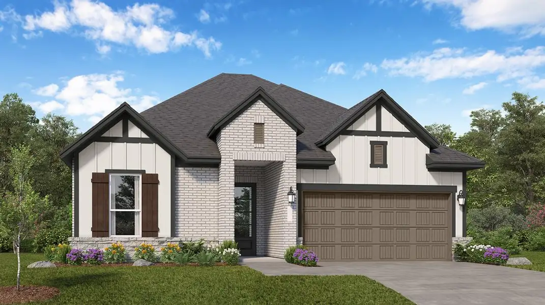 Front exterior of a new home in Legacy, League City, TX, highlighting curb appeal (Image 1). Front exterior of a new home in Legacy, League City, TX, highlighting curb appeal (Image 1).
