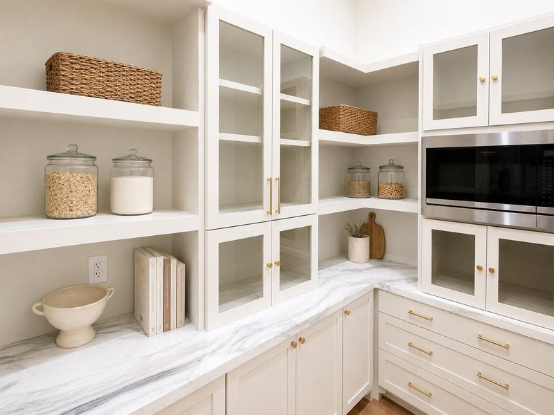 Oversized walk in pantry with marble countertops and built in microwave