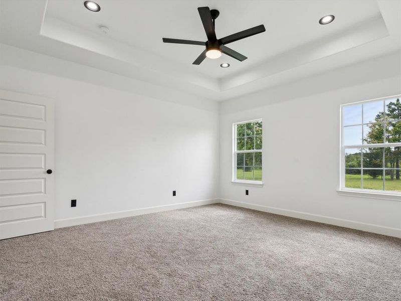 Carpeted spare room with ceiling fan and a tray ceiling